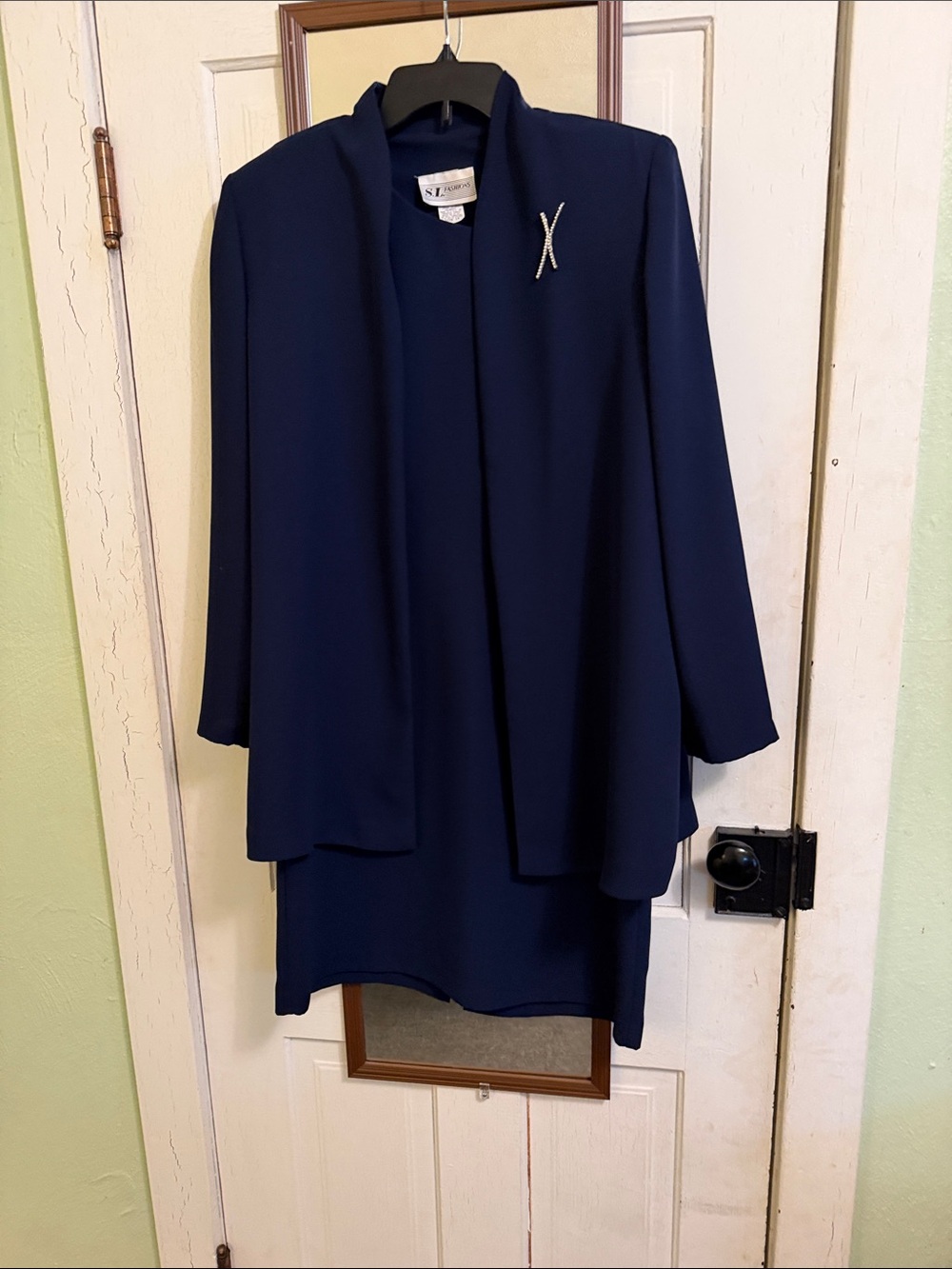 SL Fashions Navy Blue Two-Piece Dress and Draped Jacket